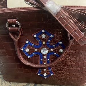 Crocodile style satchel with big beautiful blue and brown rhinestone cross